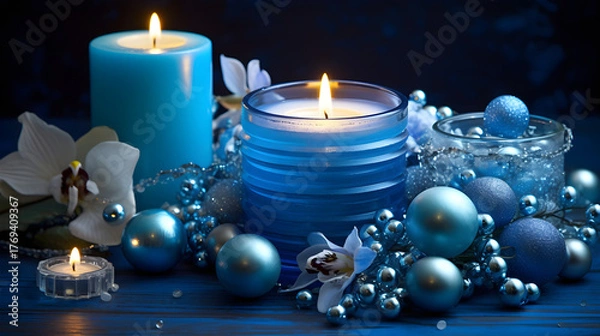 Fototapeta New Year's composition in blue tones - candles, Christmas balls and winter decor on a dark background