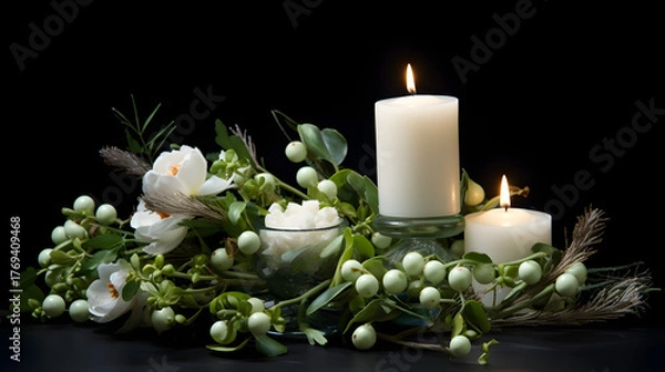 Fototapeta Festive arrangement of white candles and winter flowers on a black background - elegant Christmas decor with candles, greenery and berries