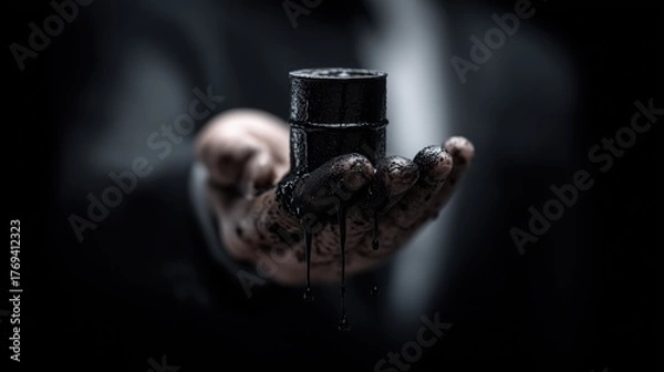 Fototapeta Close-up of Hand Holding Miniature Oil Barrel Dripping Crude