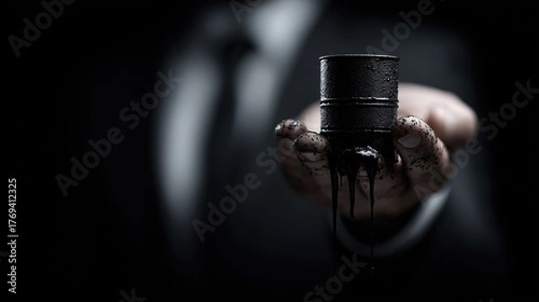 Fototapeta Close-up of Hand Holding Miniature Oil Barrel Dripping Crude