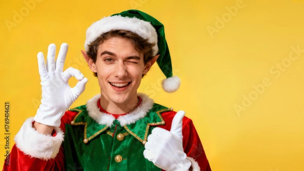 Fototapeta Cheerful young man in a festive christmas elf costume gives a thumbs up and an okay sign on a bright yellow background during the holiday season
