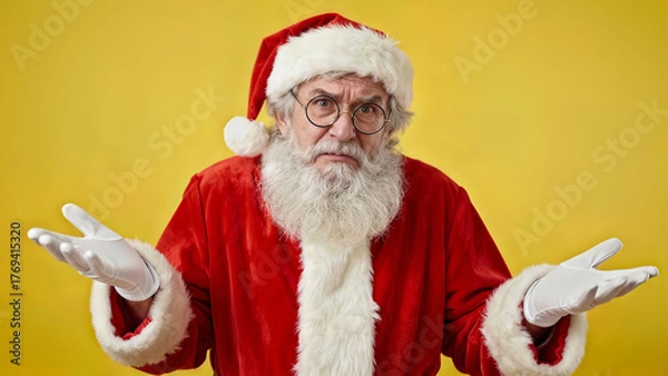 Fototapeta Santa Claus with a puzzled expression shrugs and spreads his arms in a bright yellow background during the holiday season