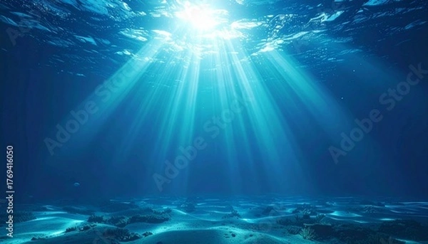 Fototapeta 
海 水中 光 光芒 水面 波紋 海底 砂 青 ブルー アクア 深海 神秘的 幻想的 透明感 静寂 広大 潜水 ダイビング 生命