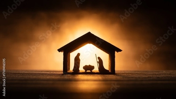 Fototapeta Silhouette of a nativity scene with warm glowing light symbolizing Christmas and peace. Ideal for religious, holiday, or inspirational design projects.