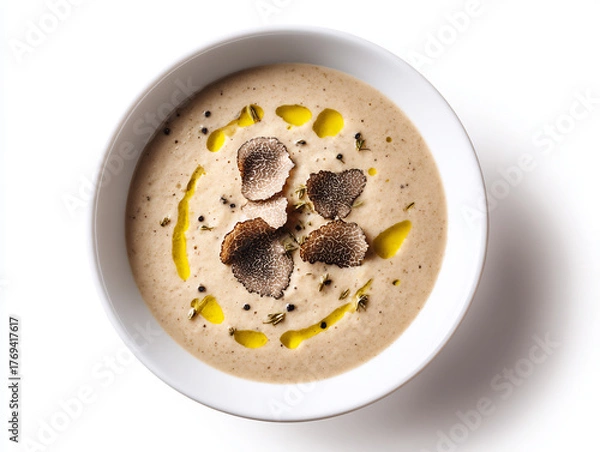 Obraz Luxurious creamy mushroom soup garnished with fresh truffle slices and olive oil, a gourmet delight.