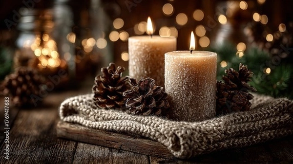 Obraz Lit candles with pinecones and greenery on a rustic table, warm bokeh lights in the background create a festive holiday ambiance.
