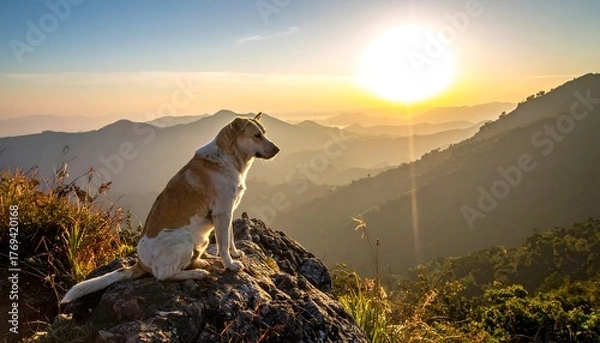 Fototapeta A canine sits perched atop a rock overlooking a layered mountain range, bathed in the warm light of a rising sun
