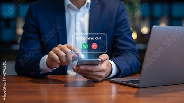 Obraz Businessperson Interacting with Smartphone and Laptop Featuring Digital Incoming Call Notification Icons in a Professional Office Environment