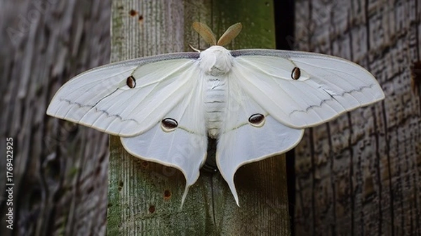 Fototapeta Moth resting on a green leaf with visible wing patterns, captured in natural daylight. The insect displays soft brown and beige colors, showcasing delicate antennae and textured wings in a peaceful ou