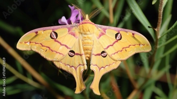 Fototapeta Moth resting on a green leaf with visible wing patterns, captured in natural daylight. The insect displays soft brown and beige colors, showcasing delicate antennae and textured wings in a peaceful ou