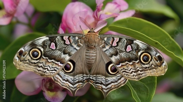 Fototapeta Moth resting on a green leaf with visible wing patterns, captured in natural daylight. The insect displays soft brown and beige colors, showcasing delicate antennae and textured wings in a peaceful ou