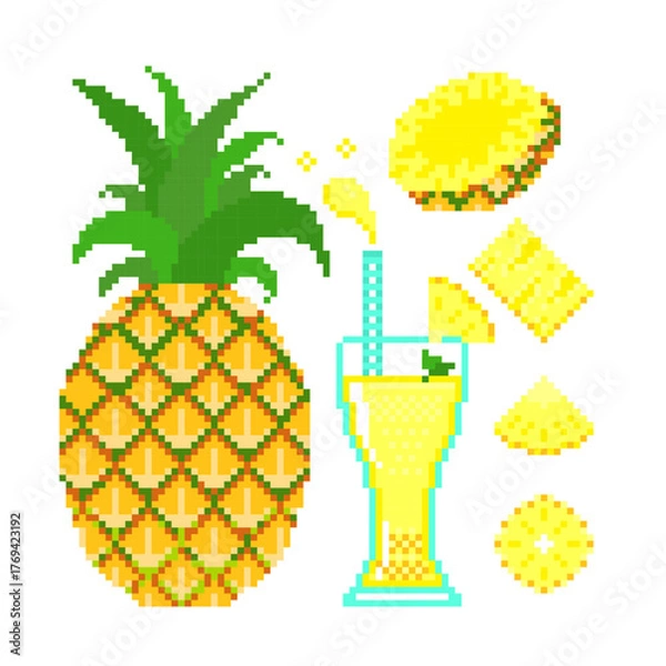 Obraz Pineapple set vector with sliced and juice in pixel game on white background.