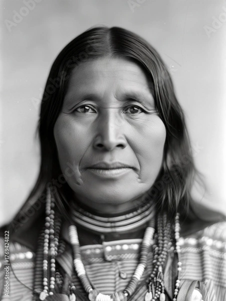 Fototapeta A Native American man gazes directly at the viewer, adorned in traditional clothing and jewelry, showcasing rich cultural heritage and identity. Generative AI.