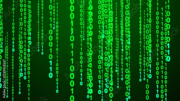 Obraz Neon Green Binary Code Digital Data Stream Background