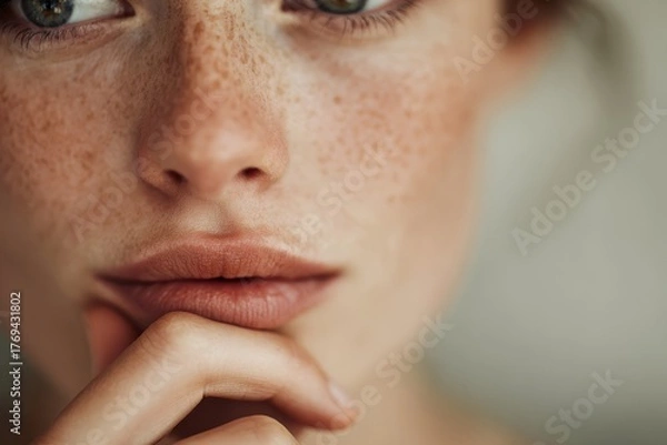 Obraz Woman with hand on her chin thoughtfully, expressing focus and decision-making.