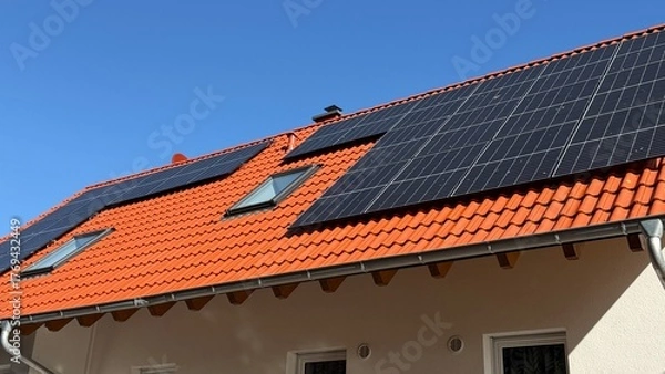 Fototapeta Modern house with solar panels and high energy efficiency