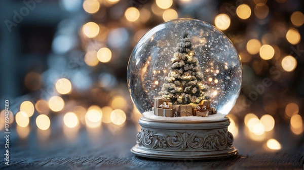 Obraz クリスマスツリーとプレゼントが入った、美しいスノードームの写真