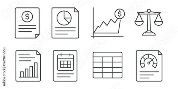 Fototapeta Set of six different graphs and charts, including a balance scale