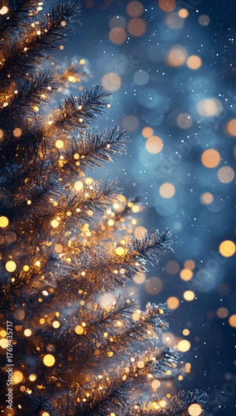 Obraz Christmas tree with golden lights on a blue background with copy space