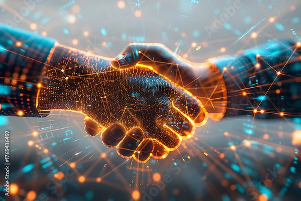 Obraz デジタル握手によるネットワーク連携　テクノロジーが象徴するビジネスと信頼の絆