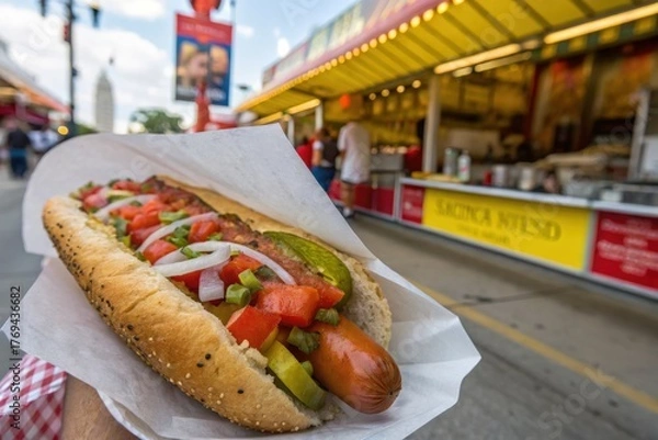 Fototapeta Closeup of a delicious hot dog with toppings at the state fair in summer