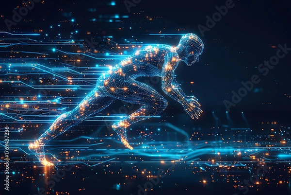 Fototapeta エネルギーとスピードの流れを可視化した疾走中のスプリンターのデジタル人体ビジュアル
