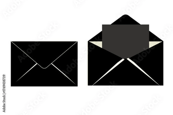 Fototapeta Black envelopes with one open showing invitation card inside on white background minimalist stationery design