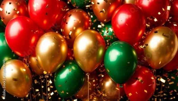 Fototapeta Red, gold, and green balloons floating with flying golden confetti, creating a festive background for celebrations, holidays, christmas, or new year's eve parties