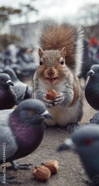 Fototapeta A Squirrel Shares a Nut with Pigeons in a City Setting.