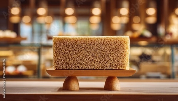 Fototapeta Light Brown Rectangular Loaf of Bread on Wooden Stand in Bakery.