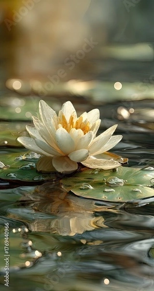 Fototapeta Delicate White Water Lily in a Serene Pond Setting.