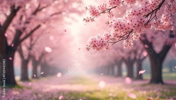 Fototapeta Pink cherry blossoms line a path in spring. Petals drift down onto grass creating a soft, dreamy scene. Trees form an avenue under bright, blurred light.