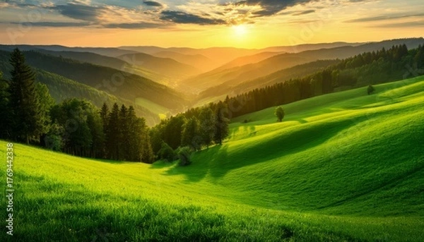 Fototapeta Green rolling hills and a vast valley illuminated by the warm golden light of a sunrise, showcasing a serene natural landscape with lush meadows and distant mountains