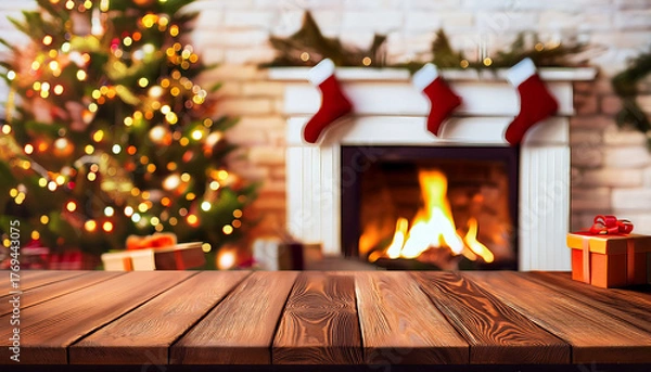 Fototapeta christmas tree and fireplace on wooden background