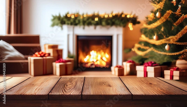 Fototapeta christmas tree and fireplace on wooden background