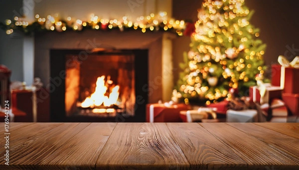 Fototapeta christmas tree and fireplace on wooden background