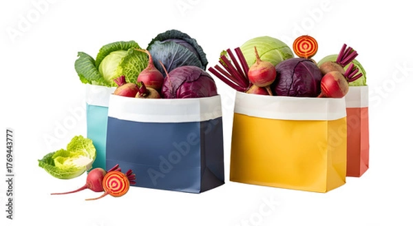 Obraz Reusable grocery bags filled with fresh organic vegetables including lettuce, cabbage, beets and radishes, eco-friendly shopping concept