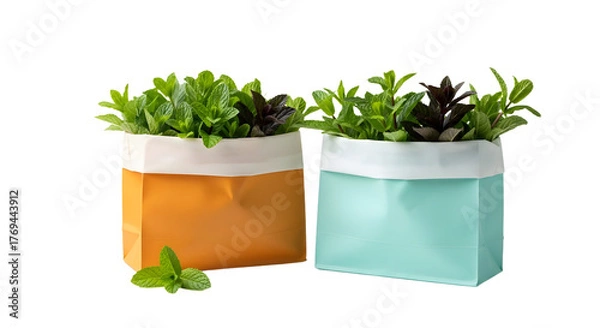 Obraz Two modern succulent plants in stylish orange and light blue paper pots on white background, perfect for home or office decor