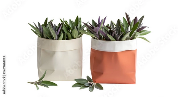Fototapeta Two small potted succulent plants in modern ceramic pots with green and purple leaves on white background, perfect for home decor and plant lovers