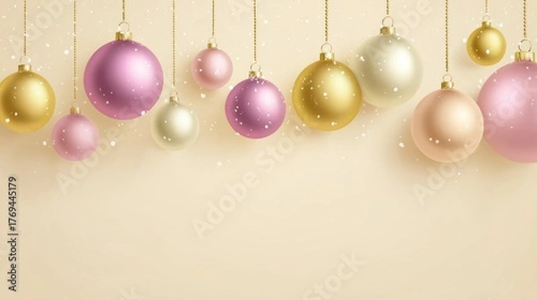 Fototapeta Colorful Christmas Ornaments on a Light Beige Background with Snowflakes