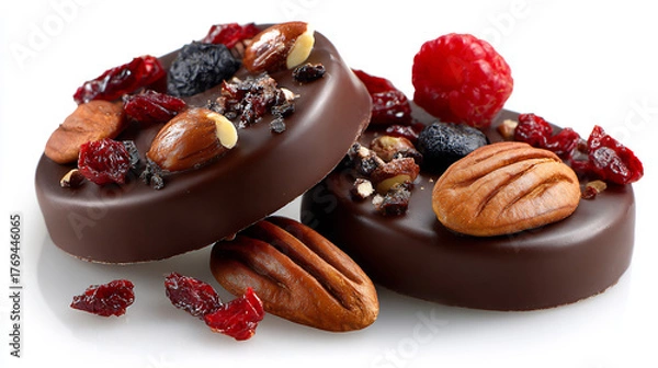 Obraz Decadent chocolate cookies topped with a vibrant mix of nuts and dried berries offer a delightful sweet treat.
