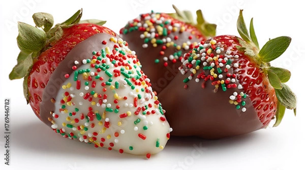 Fototapeta Sweet indulgence: three delicious strawberries dipped in white and dark chocolate with colorful sprinkles