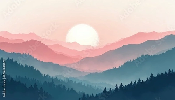 Fototapeta Layered mountain ranges with silhouetted pine trees against a soft pink and blue gradient sky. A large sun rises over the misty, distant peaks, creating a serene natural landscape.