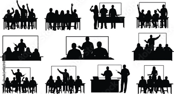 Fototapeta Silhouette of people in a classroom setting, students are listening to the teacher and raising their hands
