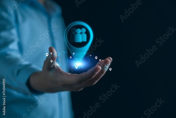 Fototapeta Customer relationship management or CRM concept. Businessman showing Customer relationship community online network technology. Global customer service system build brand loyalty. Digital business.