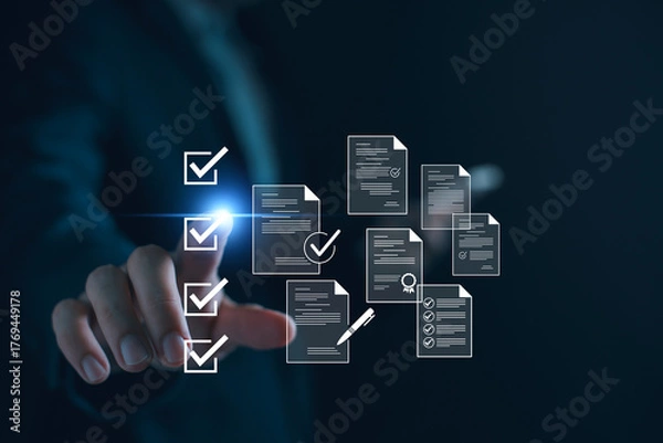 Fototapeta Checklist business performance monitoring concept, Businessman doing online survey filling out check digital form task, online survey question form, target marketing planning with quality control.