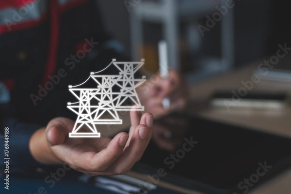 Fototapeta Green energy electrical services concept. Electrical engineer checking and analysis data of power plant station project, internet system network, electric, green energy Industry