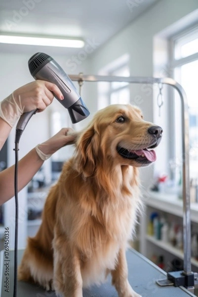 Fototapeta Professional dog groomer in white gloves using a hairdryer to dry a happy Golden Retriever on a grooming table in a clean, brightly lit salon.