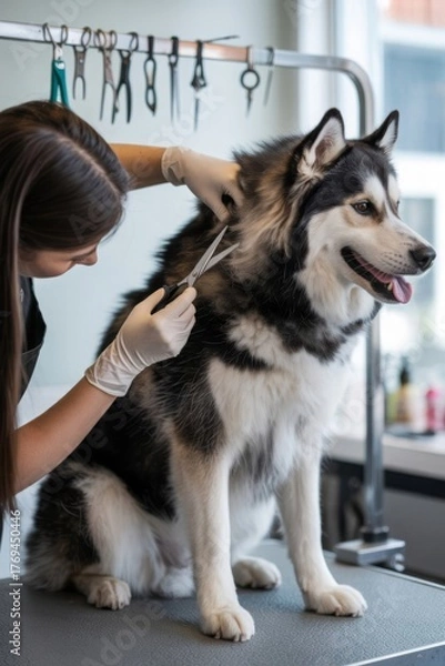 Fototapeta Professional dog groomer in white gloves using scissors to trim the fur of a majestic Alaskan Malamute or Husky on a grooming table in a bright salon.
