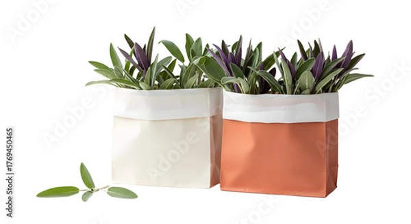 Fototapeta Two decorative fabric pots with green leafy plants isolated on white background, perfect for home decor and indoor gardening